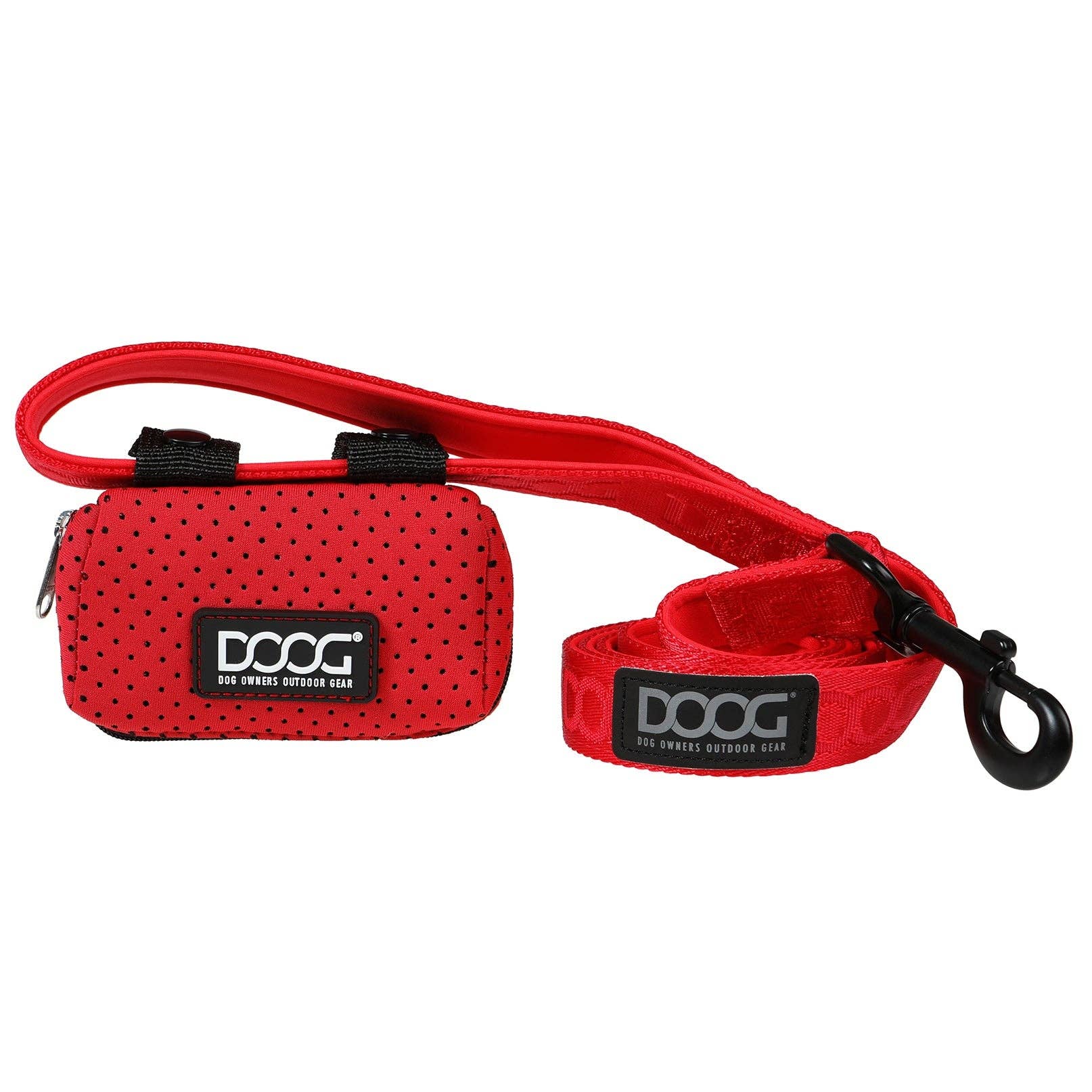 Red dog leash and pouch with 'DOOG' branding on a white background