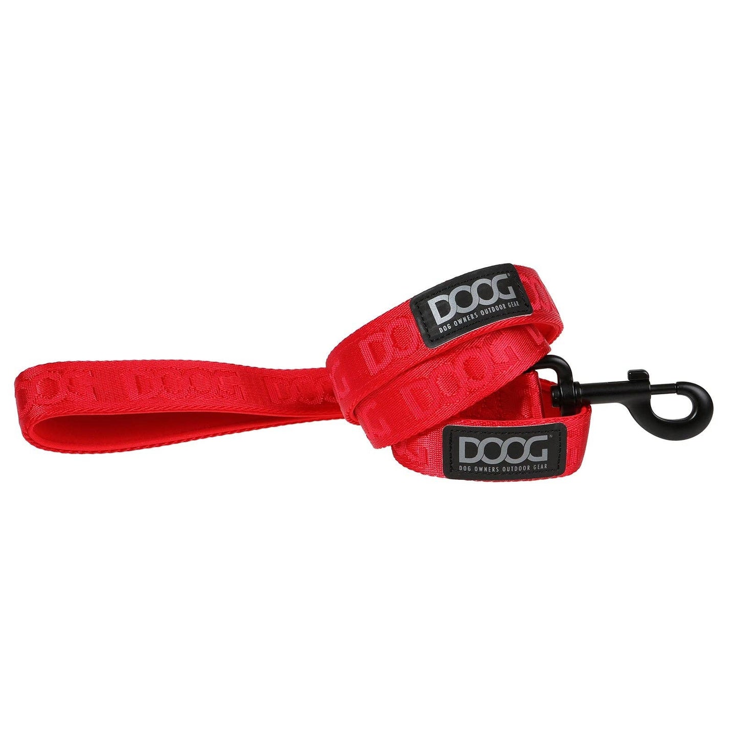 A red neoprene dog lead with black hardware and a logo embossed on a strap.